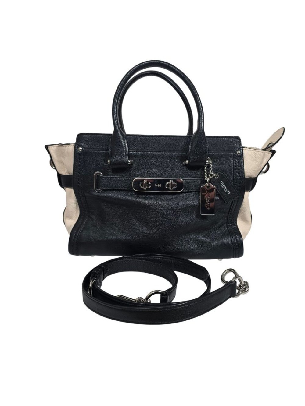 Coach Black & Cream Leather Satchel Bag With Top Handle & Adjustable Strap